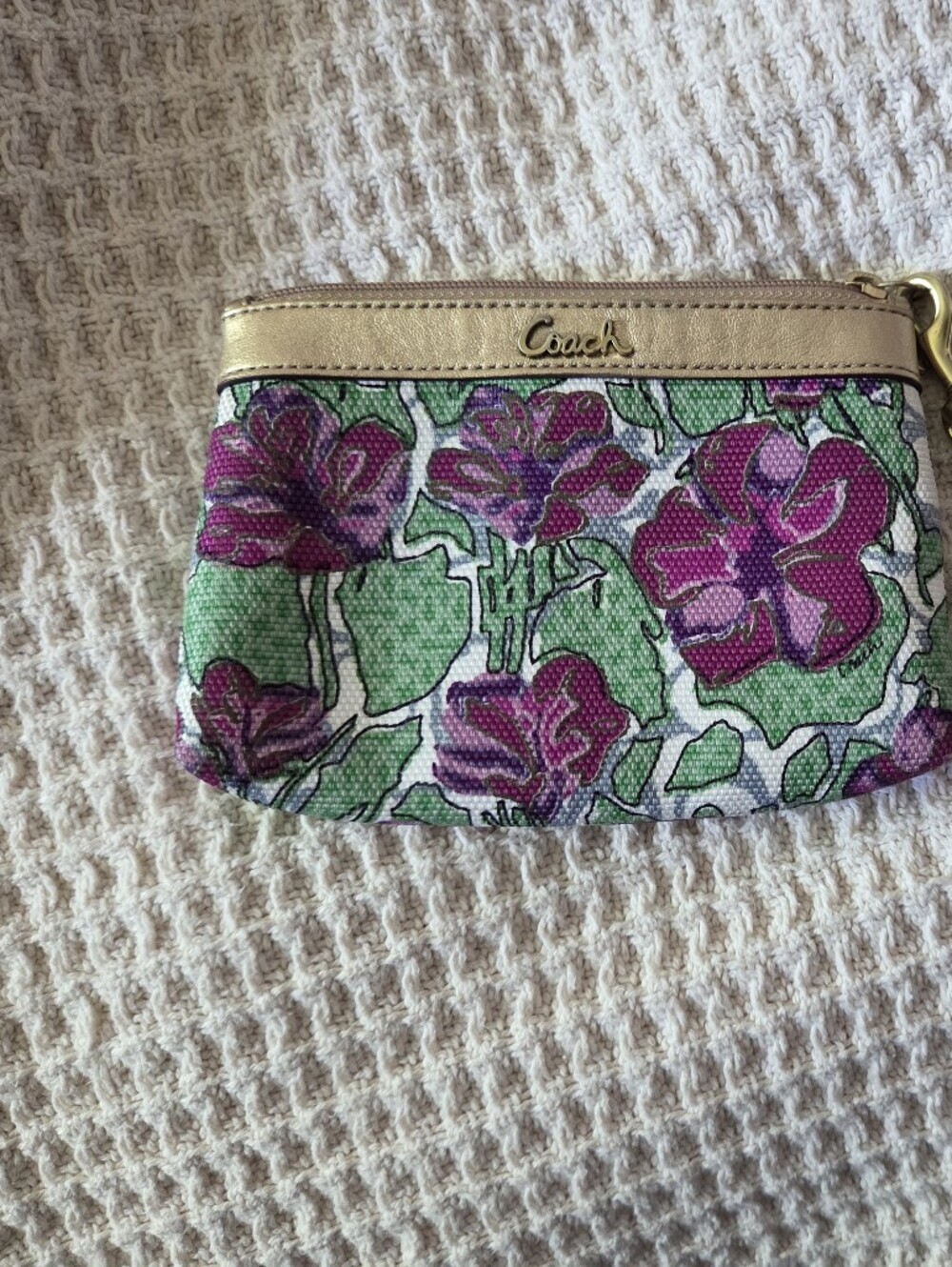 Coach Floral Canvas Wristlet in Purple and Green with Gold Trim